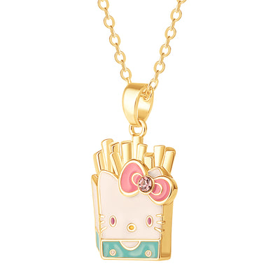 Brass Yg flash plated Enamel & Pink Crystal Hello Kitty French Fries Pendant 16" +2" Chain