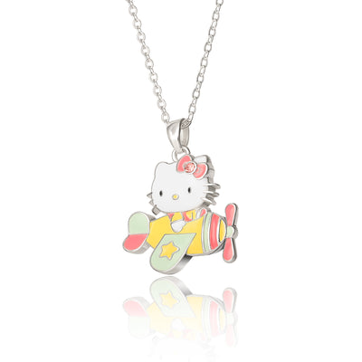 Sanrio Hello Kitty Brass Flash Silver Plated Enamel Pink Crystal Plane 3D Necklace