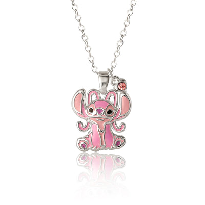 Disney Angel Brass Flash Silver Plated & Pink Crystal Pendant, 16"+2" Chain