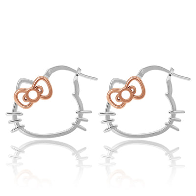 Sanrio Hello Kitty Womens Silhouette Hoop Earrings Official License - Sterling Silver Hello Kitty Earrings with 18k Pink Gold