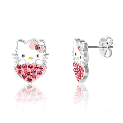 Sanrio Hello Kitty Brass Enamel and Crystal Head on Heart Stud Earrings