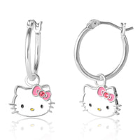 Sanrio Hello Kitty Brass Flash Silver Plated Pink Crystal Charm Hoop Earrings