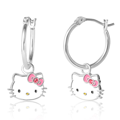 Sanrio Hello Kitty Brass Flash Silver Plated Pink Crystal Charm Hoop Earrings