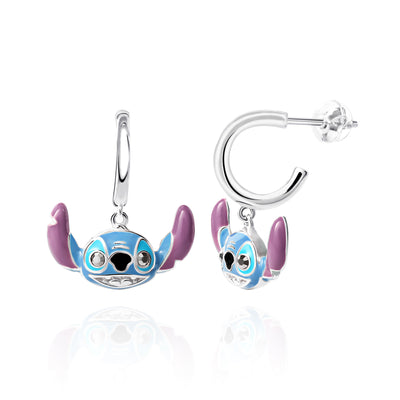 Disney Stitch Brass Silver Plated Enamel Charm Hoop Earrings