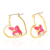 Sanrio Womens My Melody Earrings, Yellow Gold Plated My Melody Heart Hoop Earrings Official License