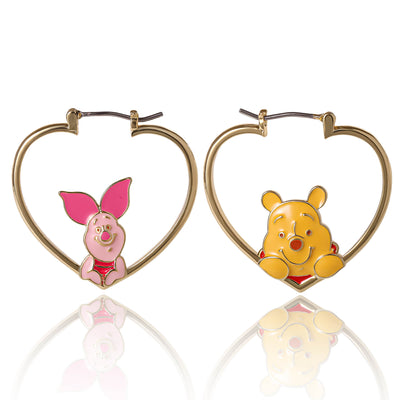 Brass Yg Plt Winnie The Pooh And Piglet Mismatched Heart Hoop Earrings