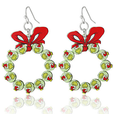 Dr Seuss Grinch Christmas Wreath Dangle Earrings