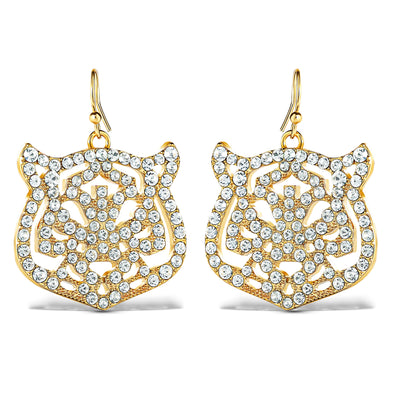 Jessica Simpson Womens Tiger Drop Earrings - Gold-Tiger Earrings with Clear Crystals