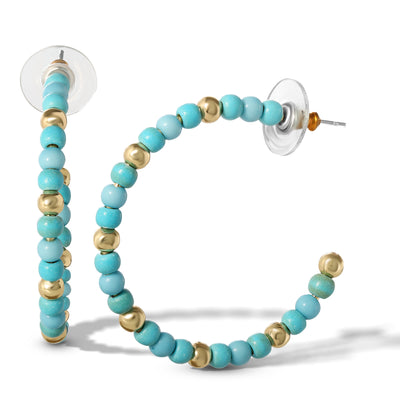 Jessica Simpson Womens Gold and Turquoise Bead Hoop Earrings - Gold-Tone Turquoise Hoop Earrings - Gold Hoops