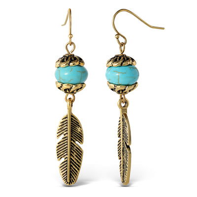 Jessica Simpson Womens Turquoise Bead Feather Drop Earrings - Oxidized Gold-Tone Turquoise Earrings with Drop Feather