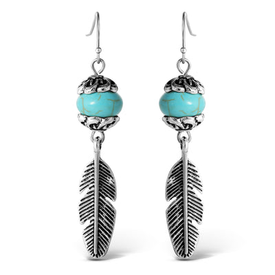 Jessica Simpson Womens Turquoise Bead Feather Drop Earrings - Oxidized Silver-Tone Turquoise Earrings