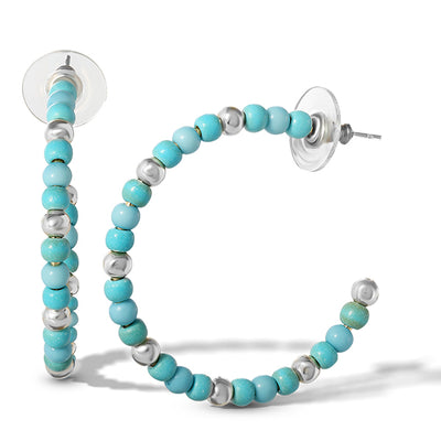 Jessica Simpson Womens Gold and Turquoise Bead Hoop Earrings - Silver-Tone Turquoise Hoop Earrings - Silver Hoops