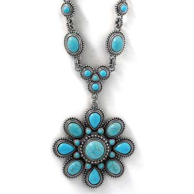 Jessica Simpson Women's Large Turquoise Stone Flower Necklace in Silver