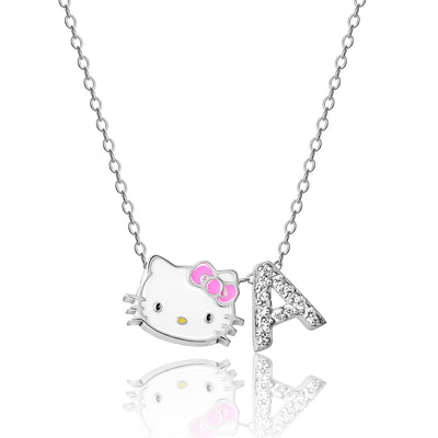 Sanrio Hello Kitty Brass Silver Plated Enamel Pave Initial Slider Necklace