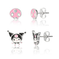 BRASS SLV flash plated KUROMI & SKULL SET OF 2 EARRINGS