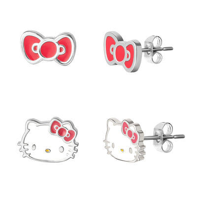 Sanrio Hello Kitty Brass Flash Silver Plated & Bow Stud Earring Set