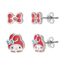 Sanrio Hello Kitty Brass Flash Silver Plated Bow and Melody Pink Crystal Stud Earrings