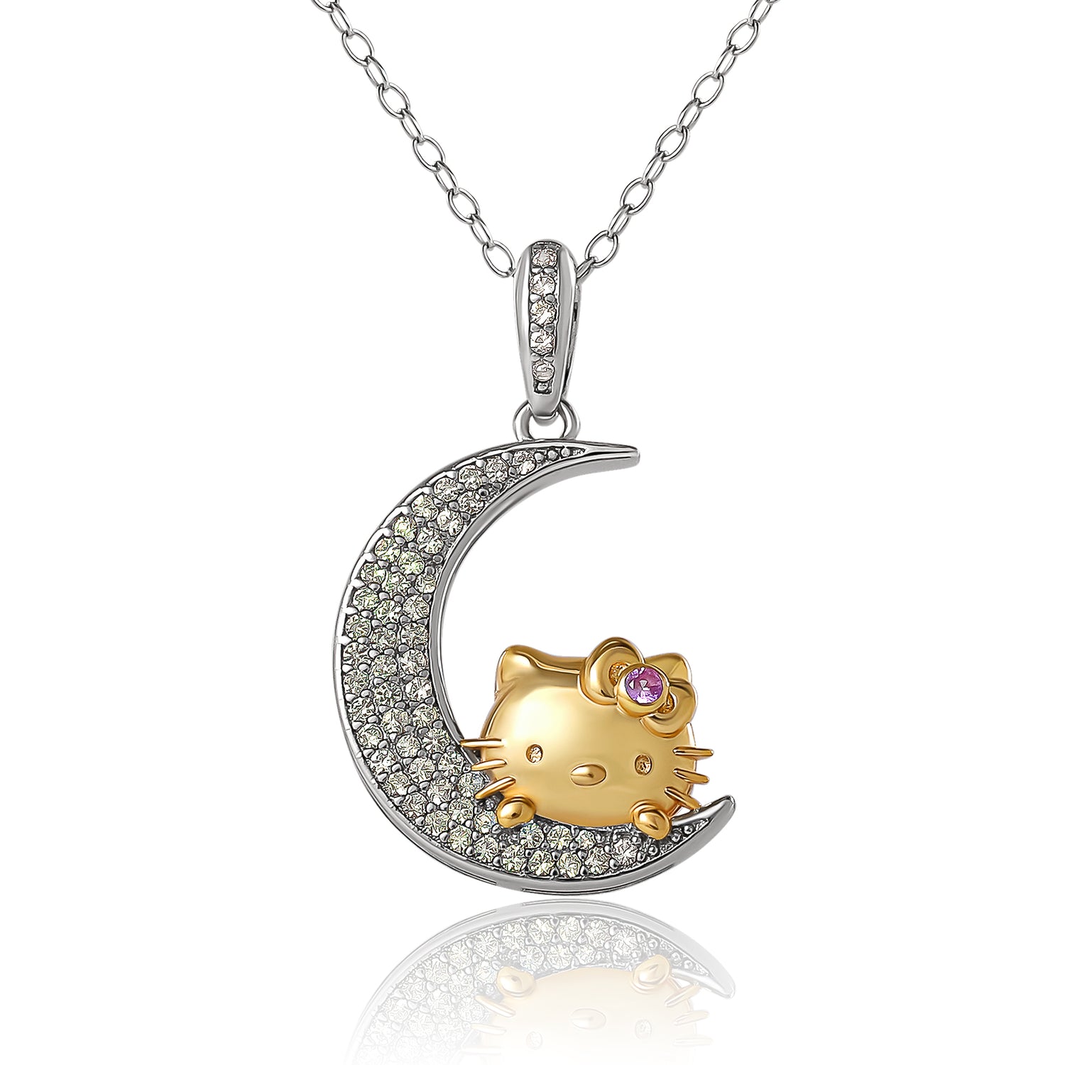 Hello Kitty on the Moon Pendant Necklace 18", Two-Tone Plated Sterling Silver with Created Sapphire, Official License