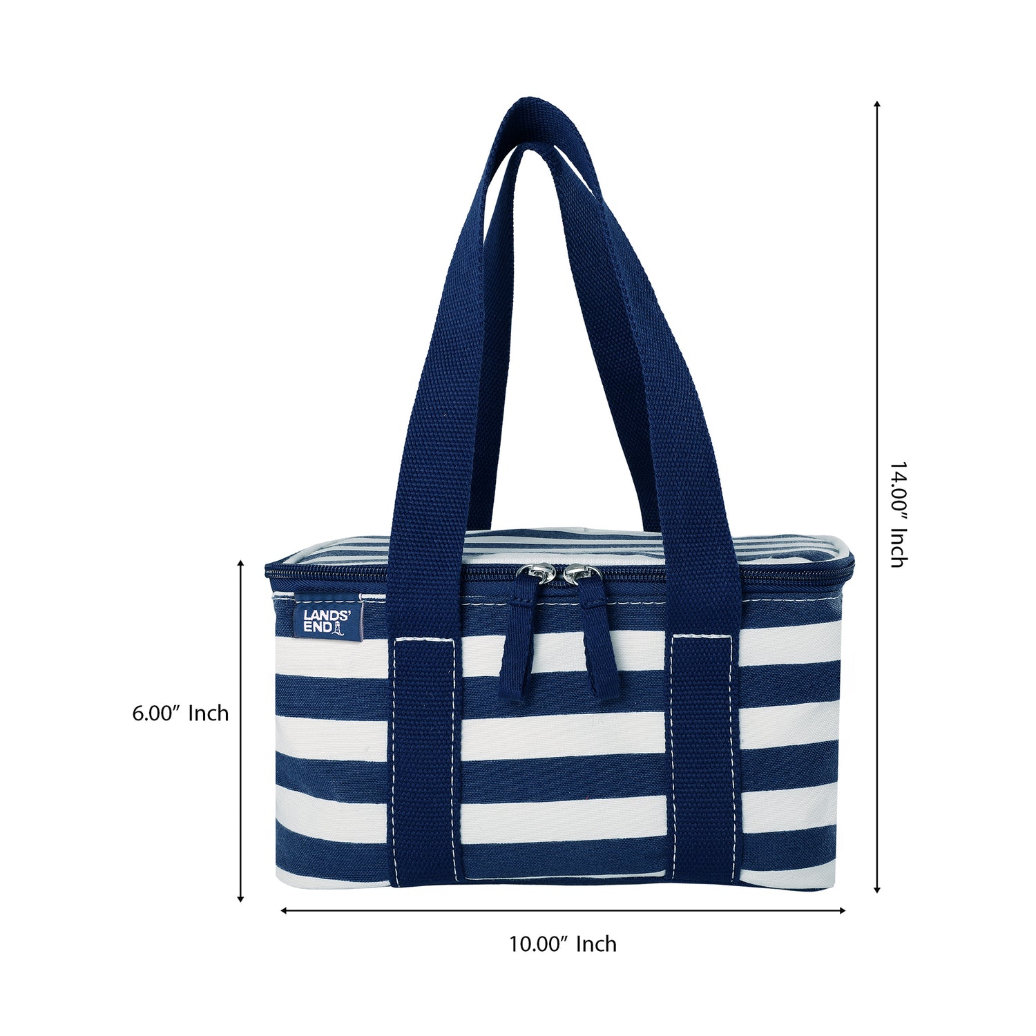 Lands' End Rectangular Small Cooler Bag Insulated 1.5 Gal, Canvas Soft Cooler with Tote Handles and Zip Closure (Navy Stripe) - Navy Stripe