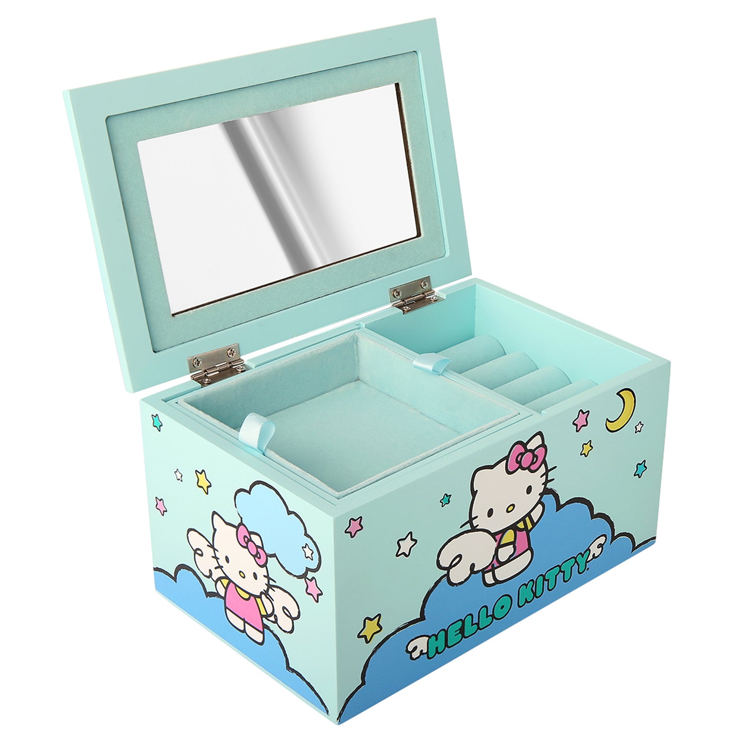 Hello Kitty Jewelry Box with Tray and Storage Official License, Blue Jewelry Box, Wood Jewelry Organizer, Sanrio Gifts (Blue)