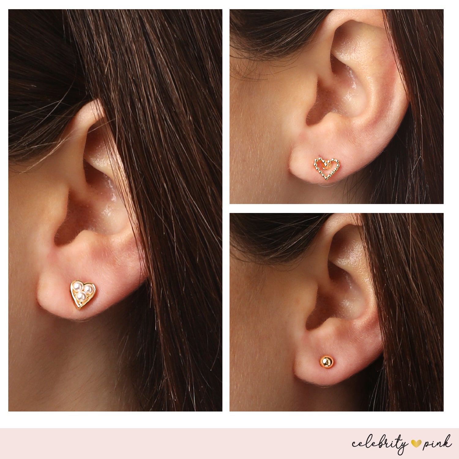 Celebrity Pink Gold-Tone Heart Stud Earrings and Huggie Hoops Pack of 6 | 6-Pack, Gold Heart Earrings, Faux Pearl Accents, Faux Pearl Accents