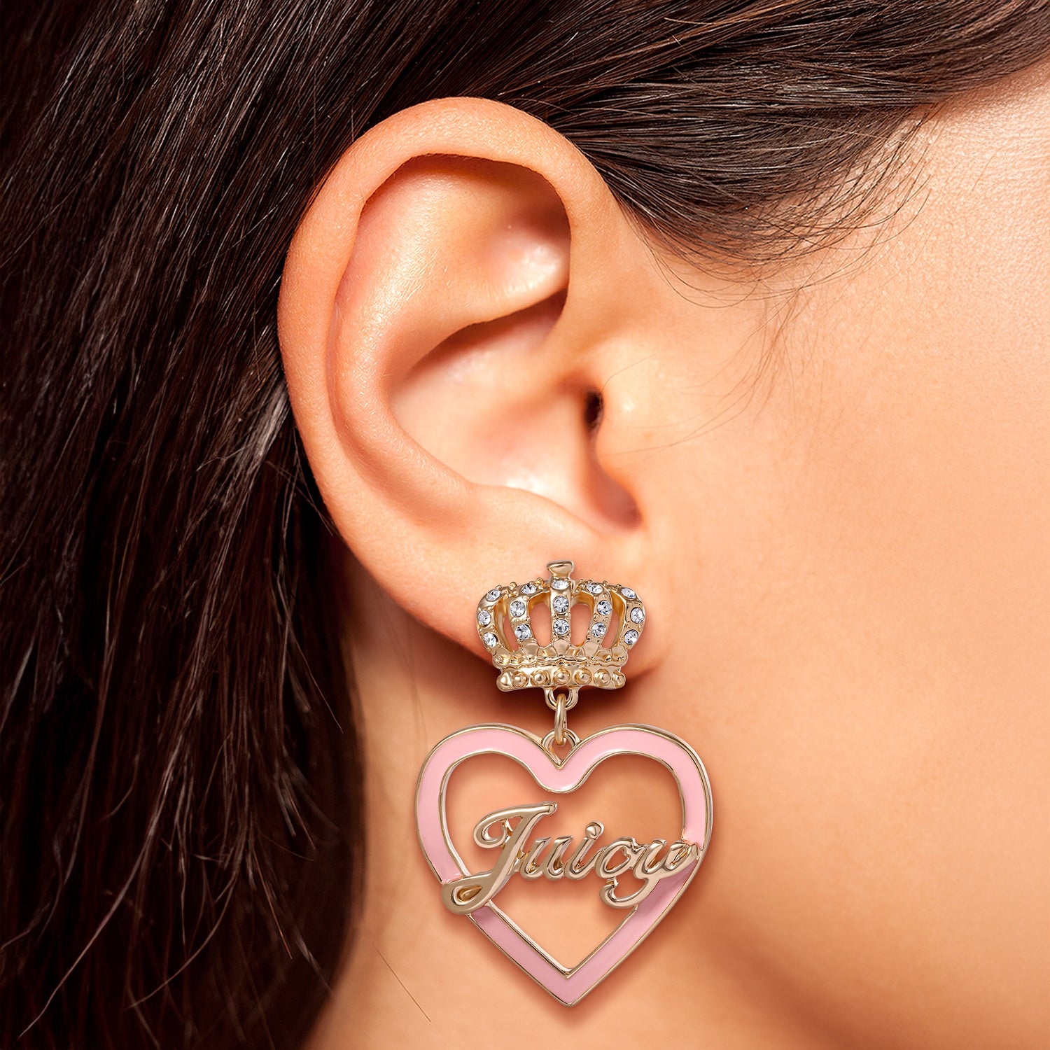 Juicy Couture Logo and Pink Heart Dangle Earrings for Women, Gold-Tone Heart Earrings with Embellished Crown Stud