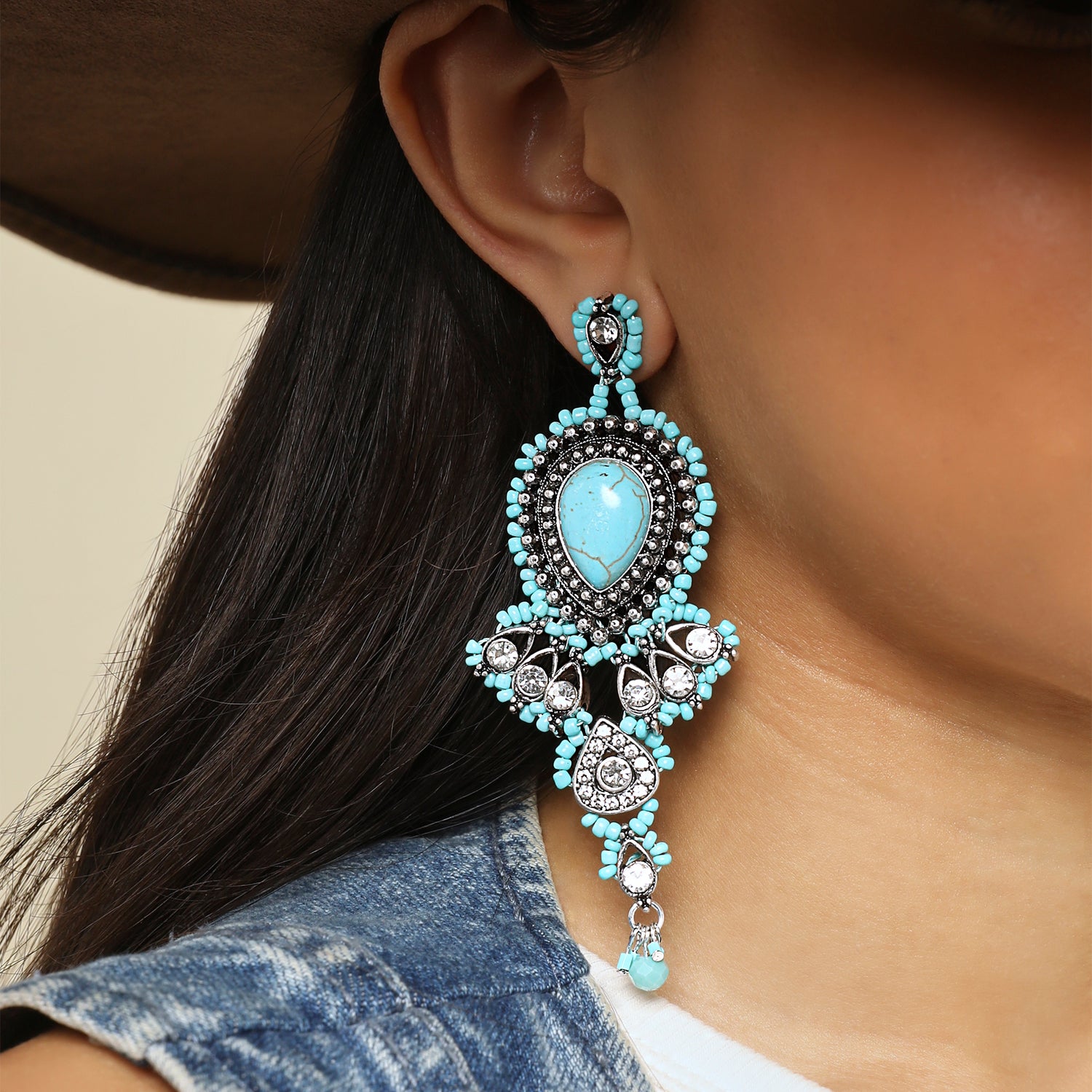 Jessica Simpson Womens Turquoise Teardrop Earrings- Oxidized Silver-Tone Dangle Turquoise Earrings