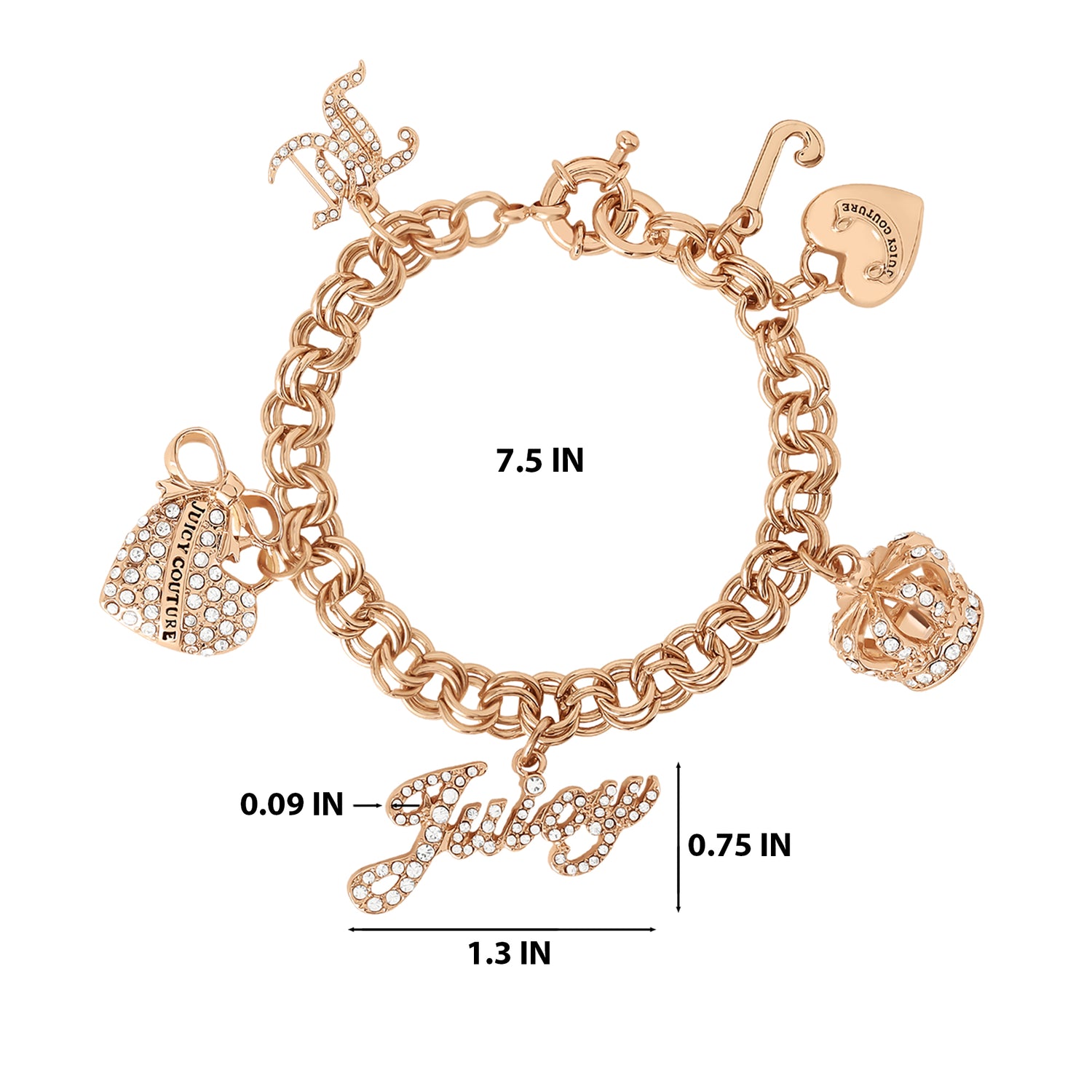 Juicy Couture Charm Bracelet with Clear Stone Embellishments, 7.5" Goldtone Bracelet for Women Featuring 6 Charms