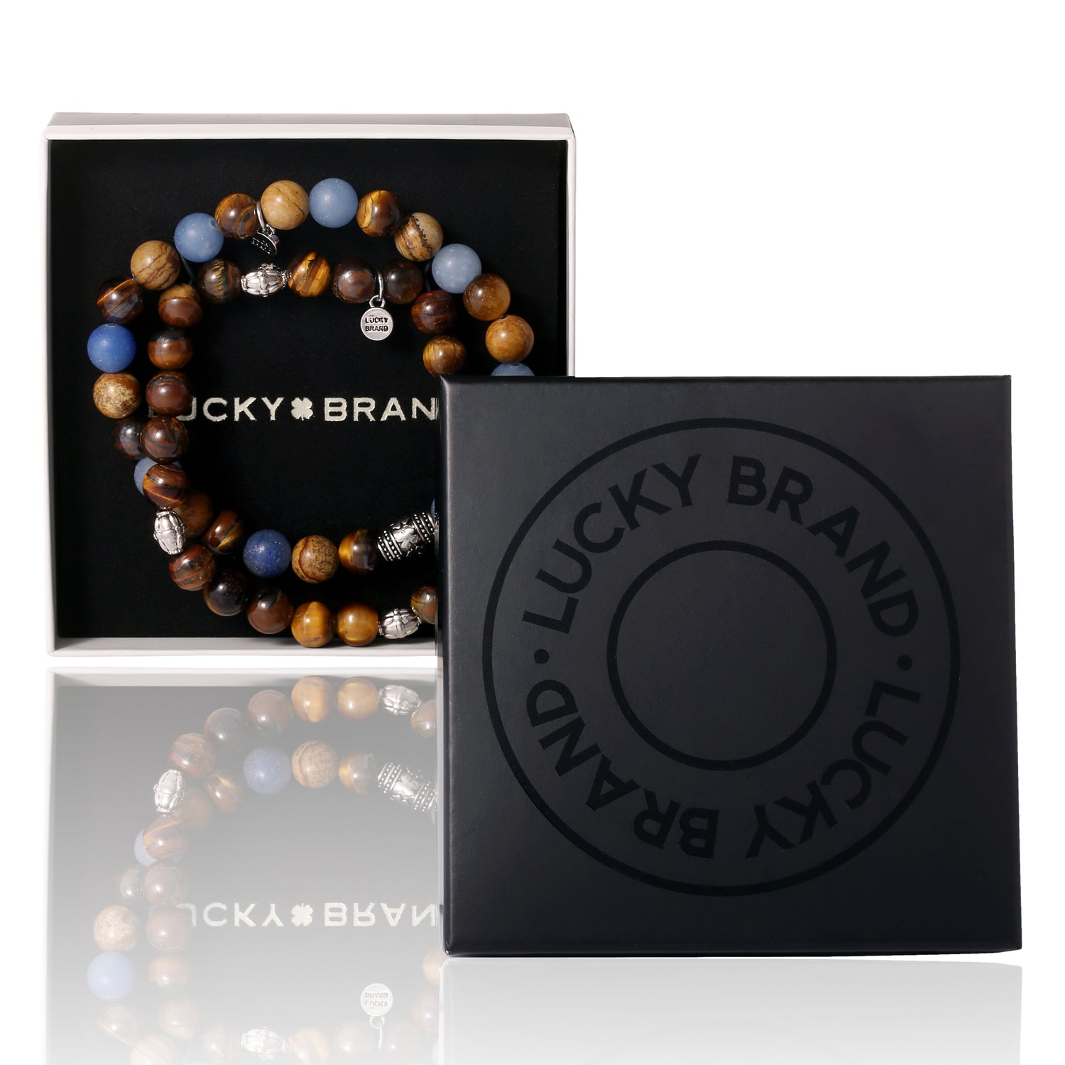 SALLY ROSE Lucky Brand Jewelry Mens Beaded Bracelets 2 Pcs, Stretch Mens Bracelets Beads 8mm Tigers Eye, Sodalite, and Picture Jasper