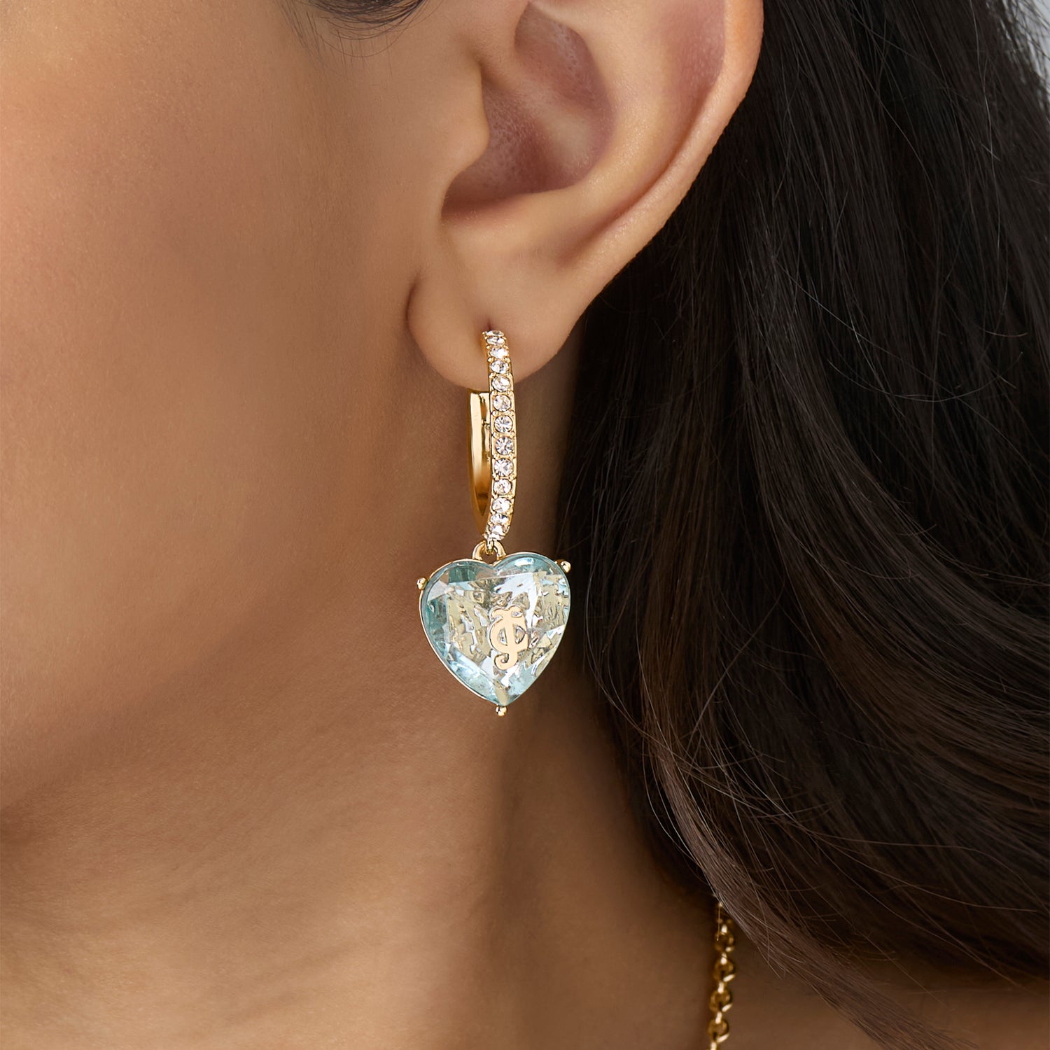 Juicy Couture Heart Charm Hoop Earrings for Women, Colored & Clear Stones - Blue