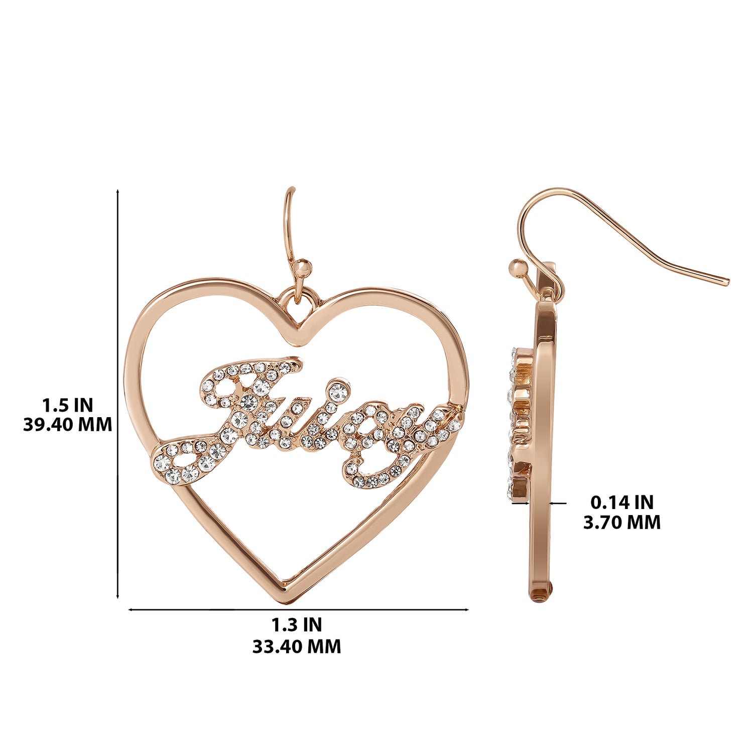 Juicy Couture Script Logo Heart Dangle Earrings for Women with Clear Stones, Outline Heart Earrings, Juicy Gifts