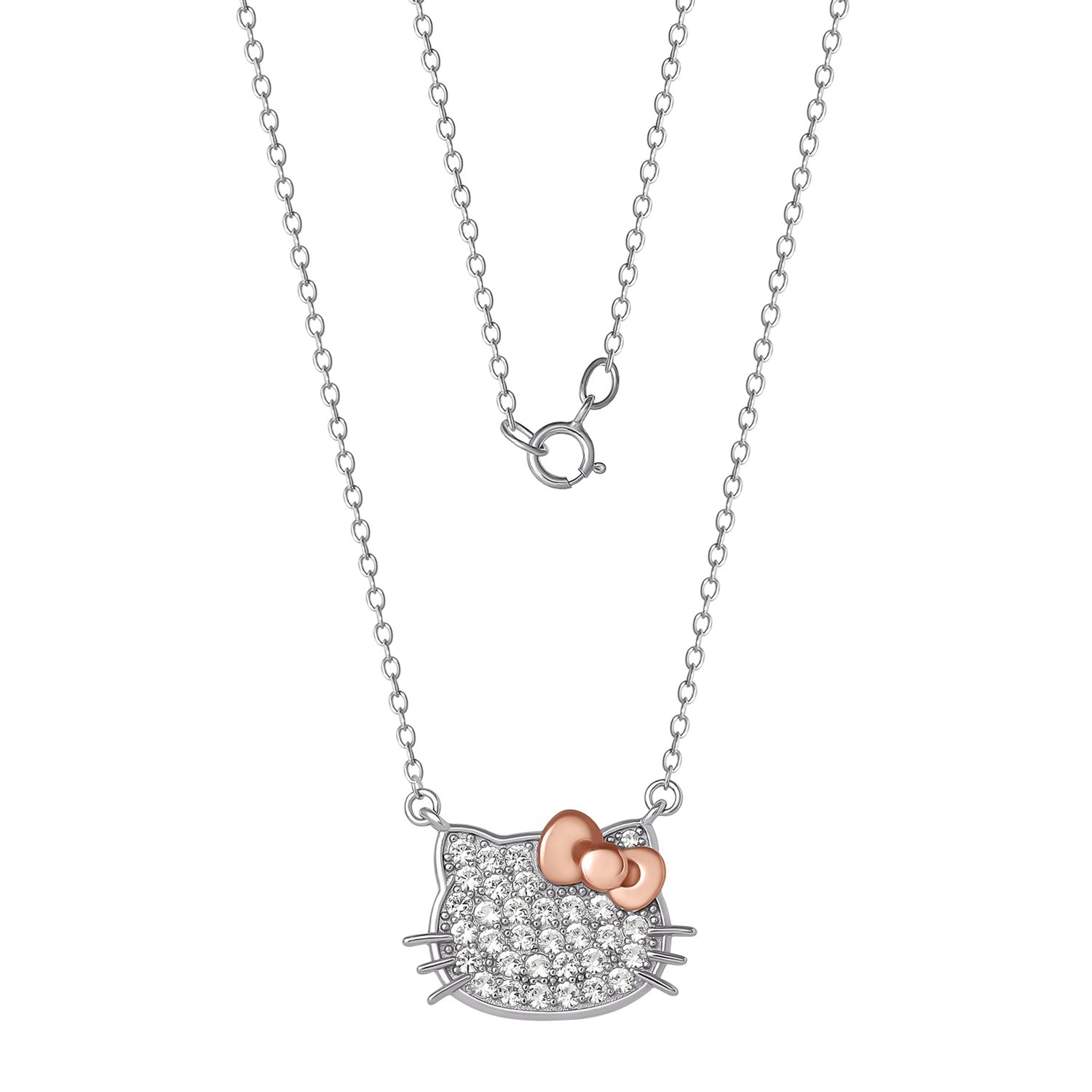 Hello Kitty Face Necklace 18", Sterling Silver with Created White Sapphire Pavé and Rose Gold-Tone Bow, Official License