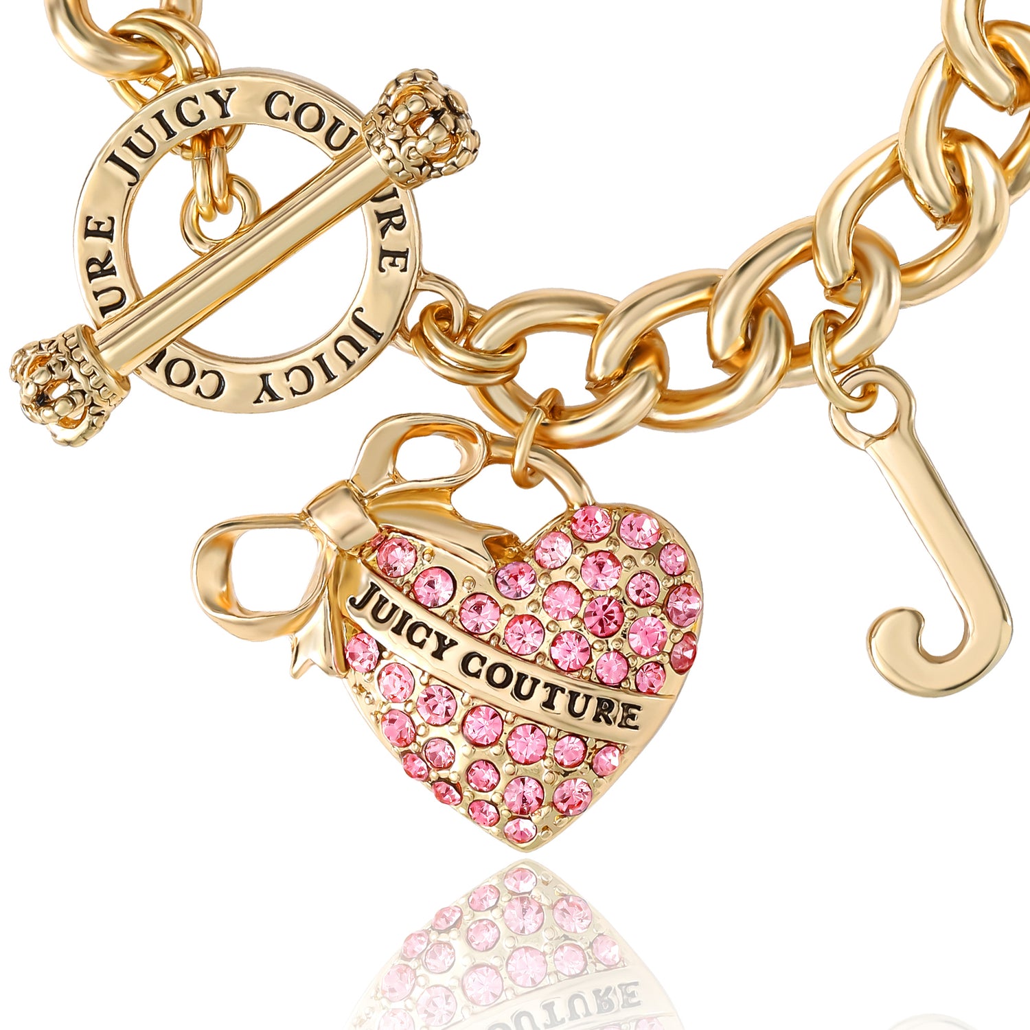 Juicy Couture Pink Pavé Heart Toggle Bracelet, Gold‑Tone Curb Chain