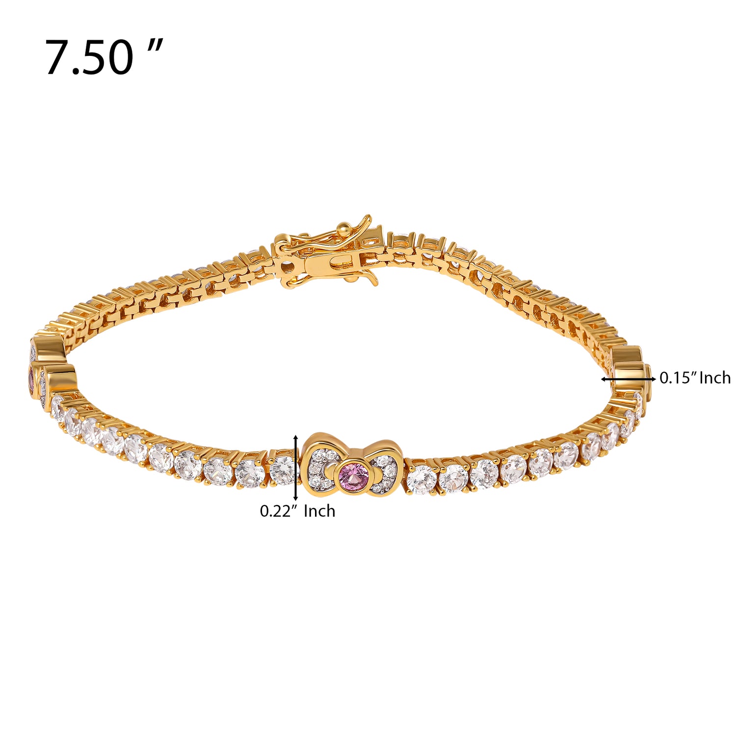 Hello Kitty Bow Tennis Bracelet 7.5", Two-Tone Plated Sterling Silver with Created White & Pink Sapphire, Official License