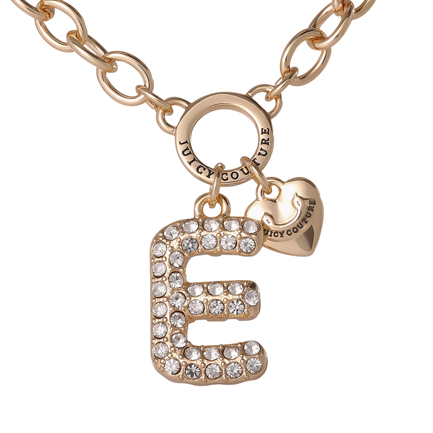 Juicy Couture Bubble Letter Necklace for Women with Clear Stones 18"+2", Chunky Initial Necklace Gold-Tone - E