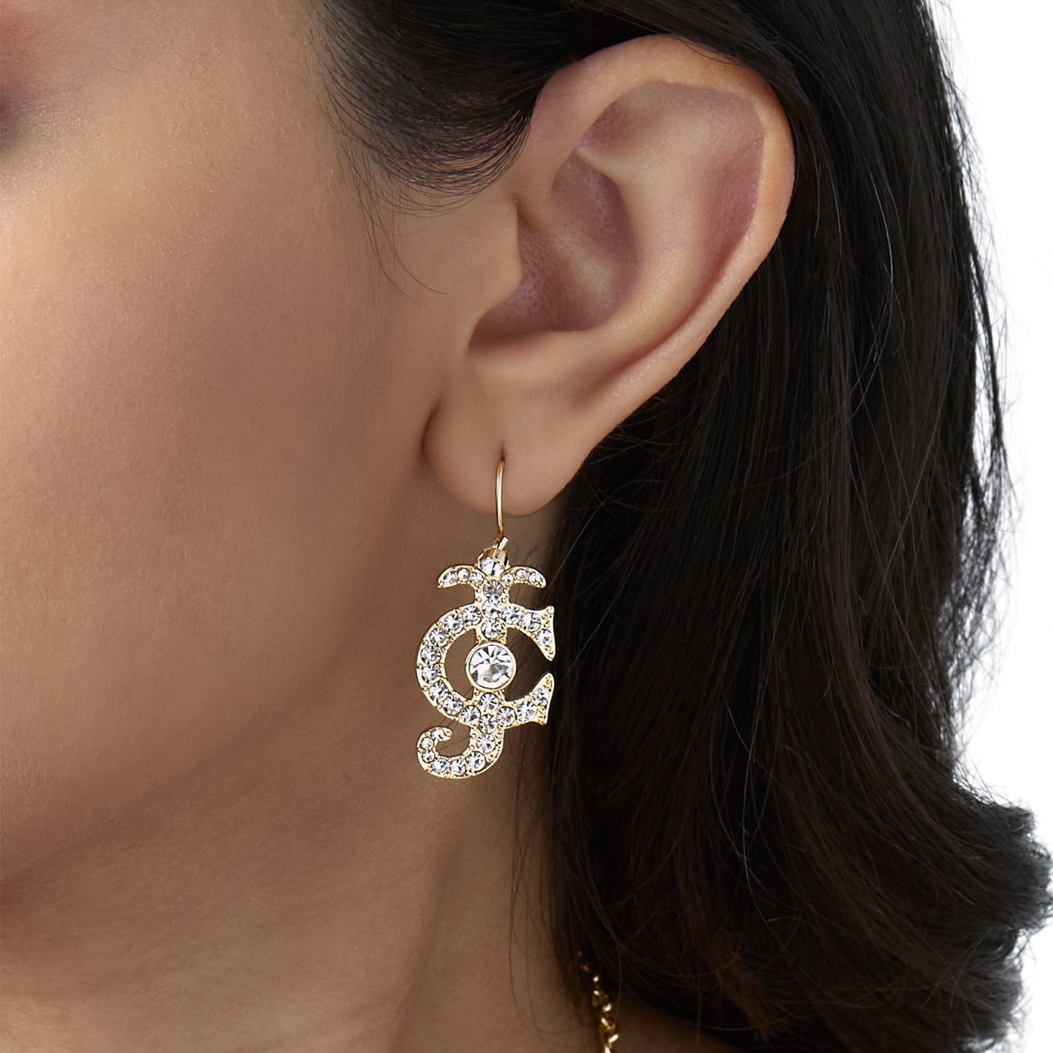 Juicy Couture Rhinestone Logo Drop Earrings for Women, Gold-Tone
