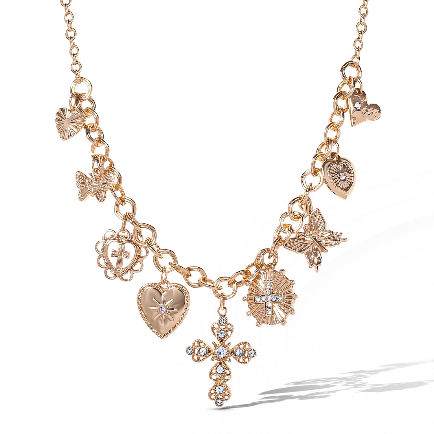Jessica Simpson Gold-Tone Textured Cross & Heart Charm Necklace