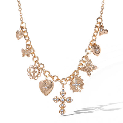 Jessica Simpson Gold-Tone Textured Cross & Heart Charm Necklace