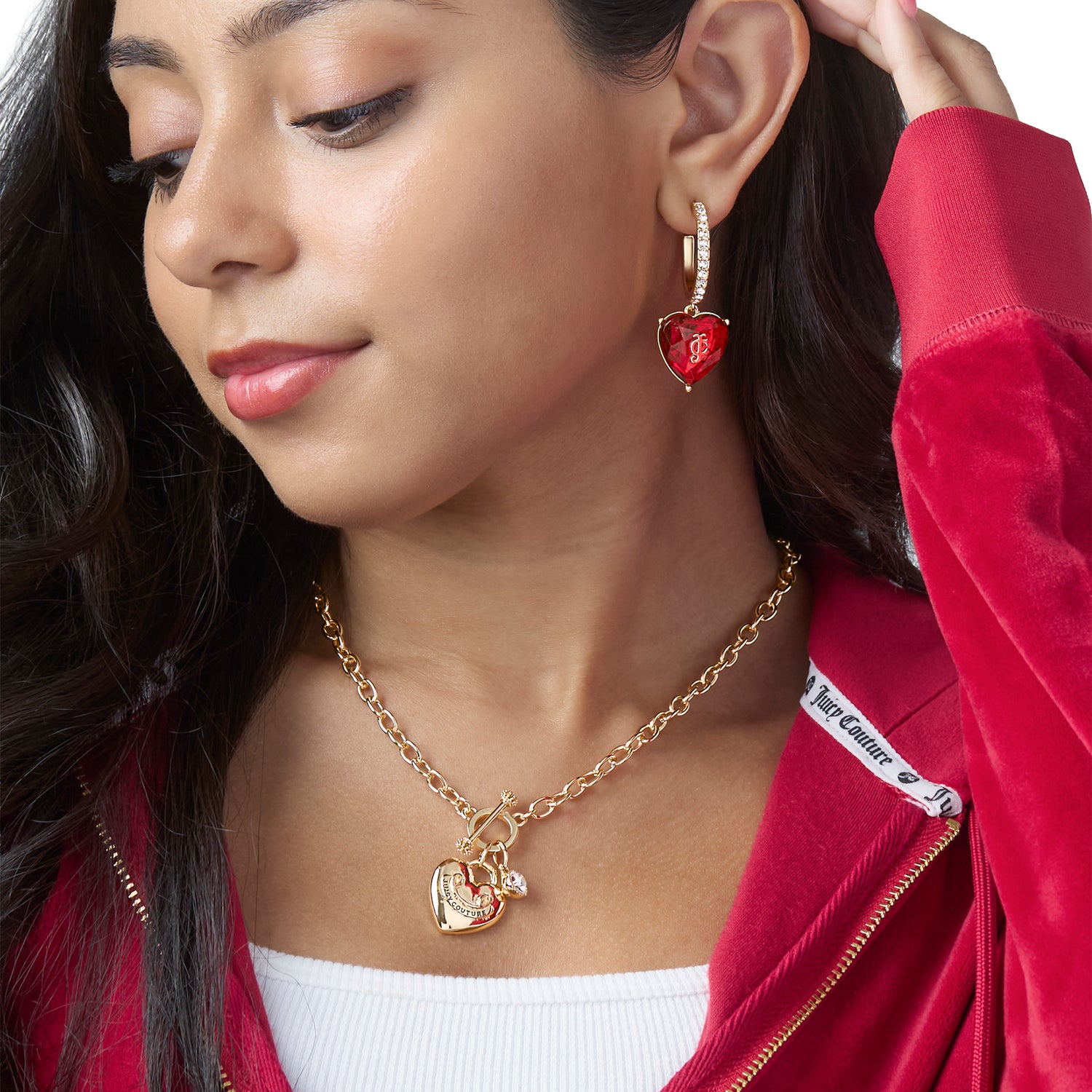 Juicy Couture Heart Charm Hoop Earrings for Women, Colored & Clear Stones - Red