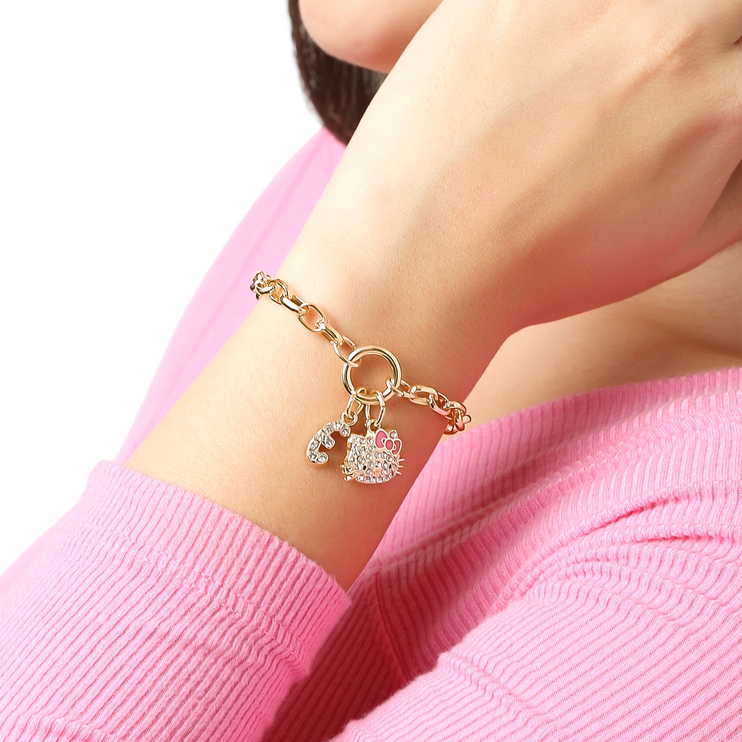 Hello Kitty Initial Crystal Charm Bracelet, Gold‑Tone, Adjustable - E