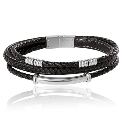 Lucky Brand Stainless Steel Triple Row Black Cord Bracelet - 8.25"