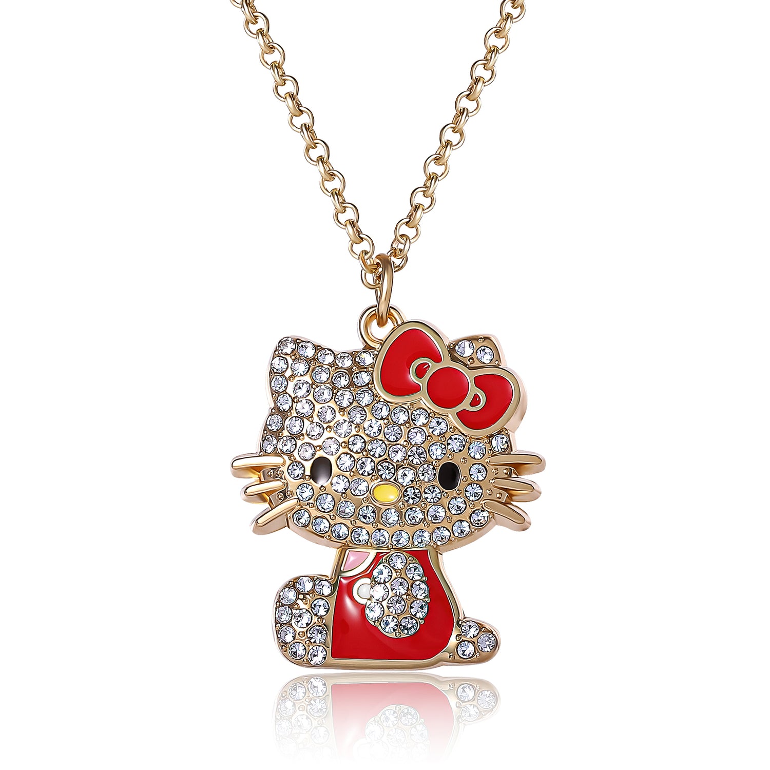 SALLY ROSE Hello Kitty Red Enamel and Pave Crystal Pendant Necklace Official License, Gold-Tone 16+3 Hello Kitty Necklace, Sanrio Gifts - Red
