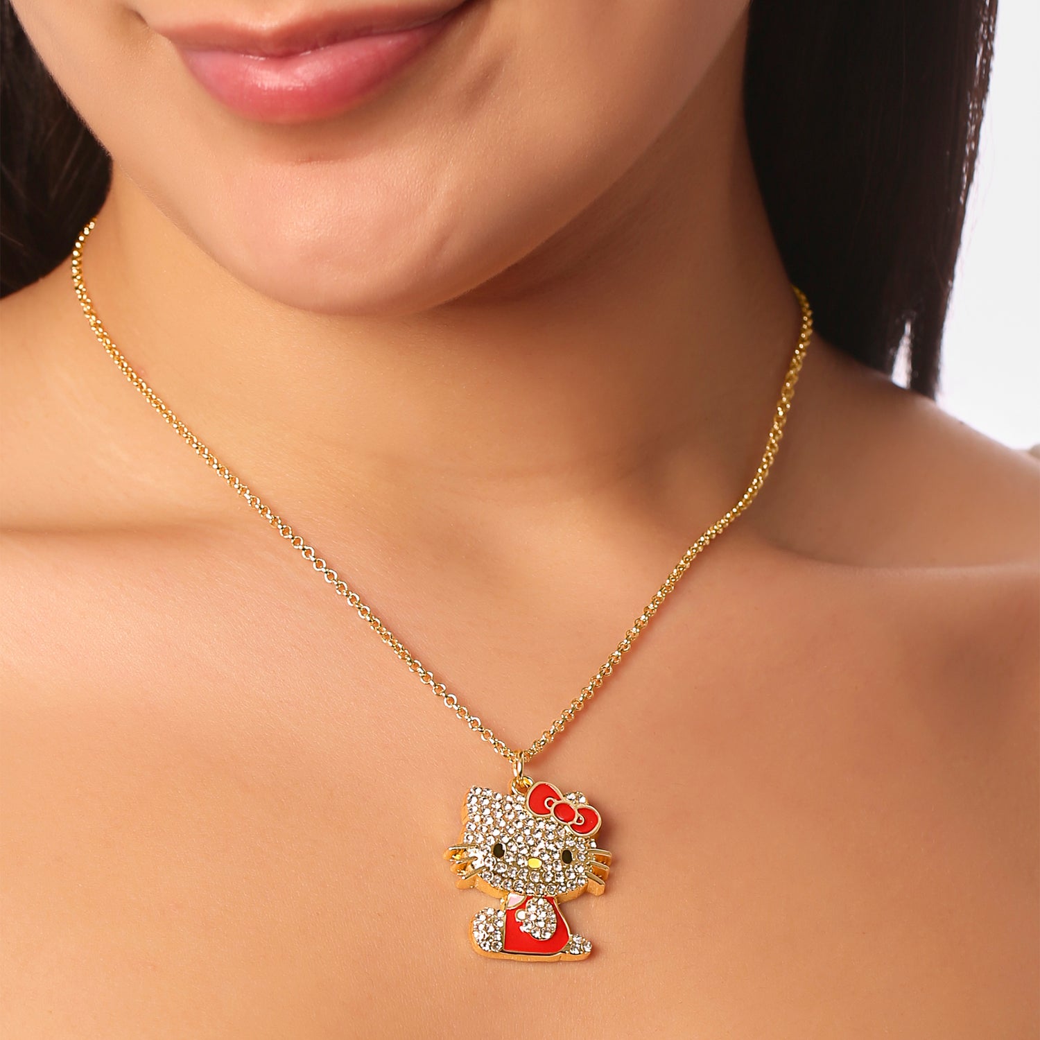 SALLY ROSE Hello Kitty Red Enamel and Pave Crystal Pendant Necklace Official License, Gold-Tone 16+3 Hello Kitty Necklace, Sanrio Gifts - Red