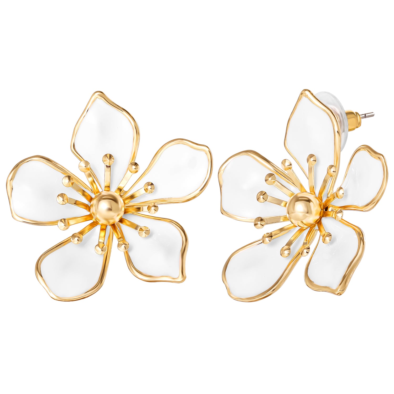 Jessica Simpson White Enamel Flower Earrings for Women, Gold-Tone Flower Stud Earrings
