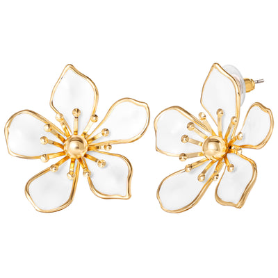 Jessica Simpson White Enamel Flower Earrings for Women, Gold-Tone Flower Stud Earrings