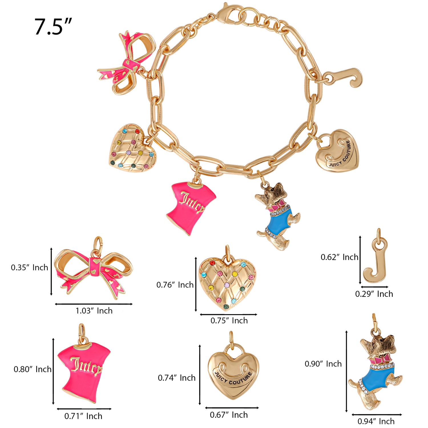 Juicy Couture Pink and Gold Charm Bracelet with Bow, Dog, and Heart - 7.5''