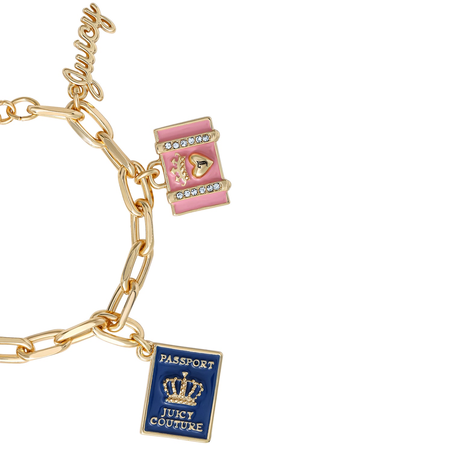 Juicy Couture Travel Icons Charm Bracelet, Gold‑Tone with Blue & Pink Enamel