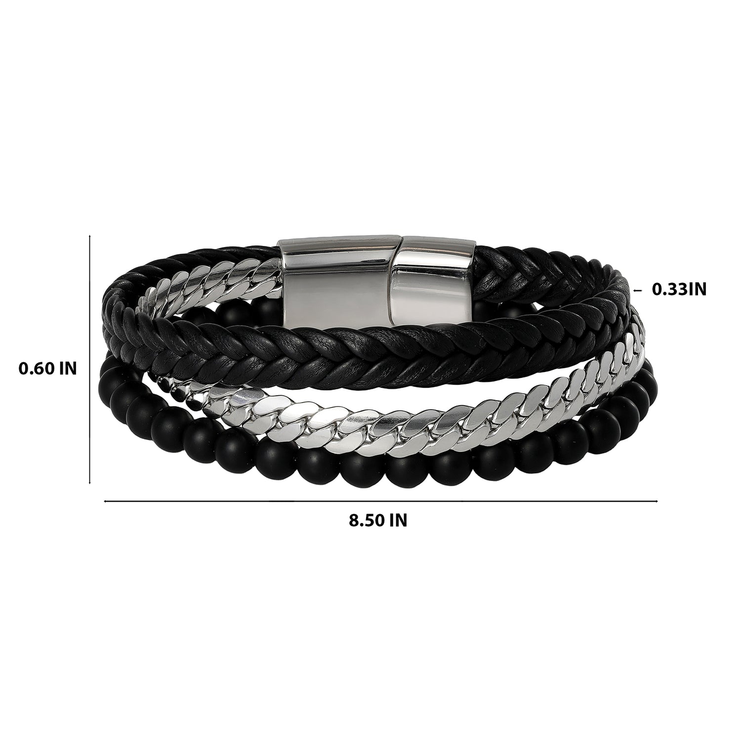 Lucky Brand Men’s 3‑Row Leather, Chain & Bead Bracelet, Black, Magnetic Clasp - 8.5''