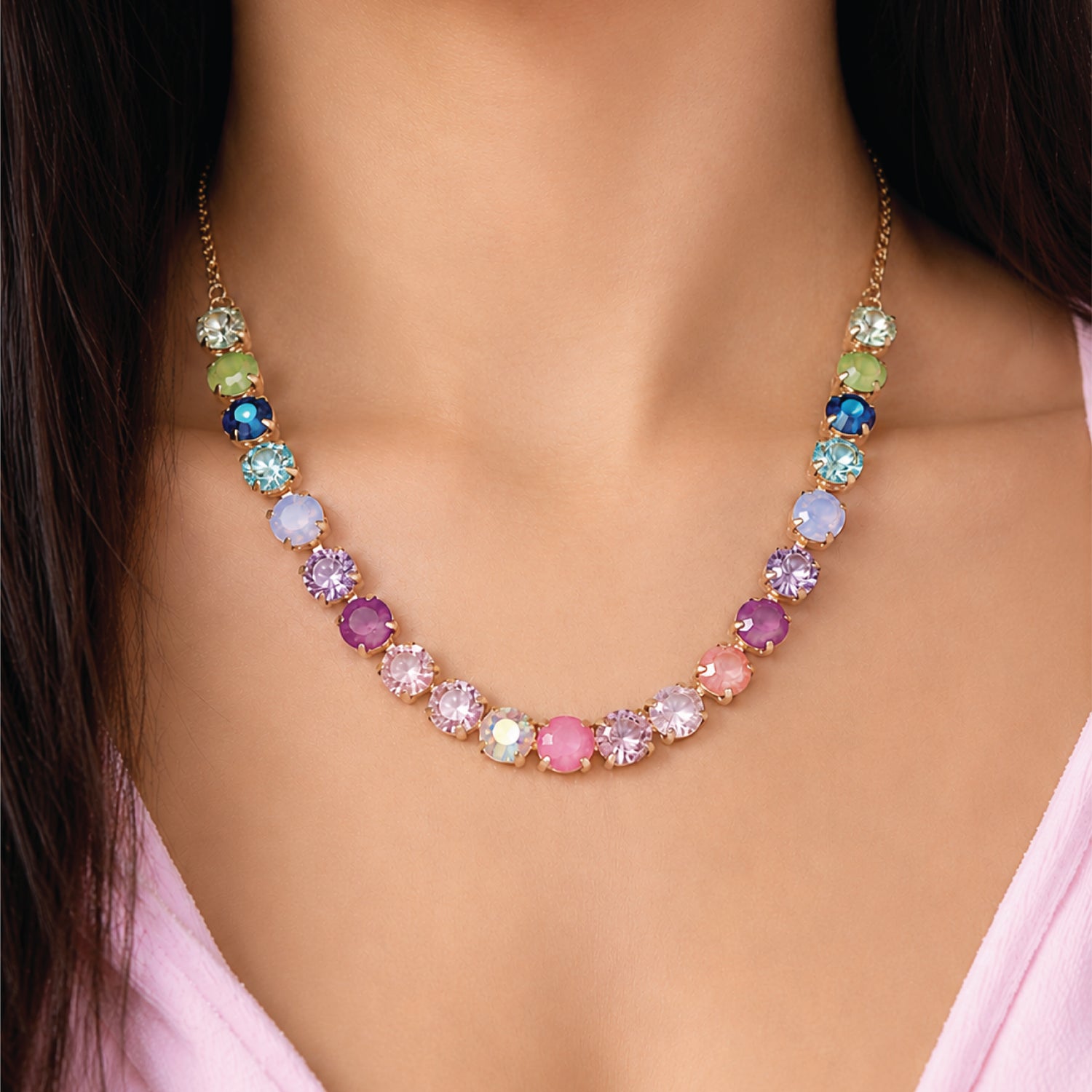Juicy Couture Womens Tennis Necklace with 8MM Multicolor Crystals, 16"+2" Gold Tone-Plated Tennis Jewelry