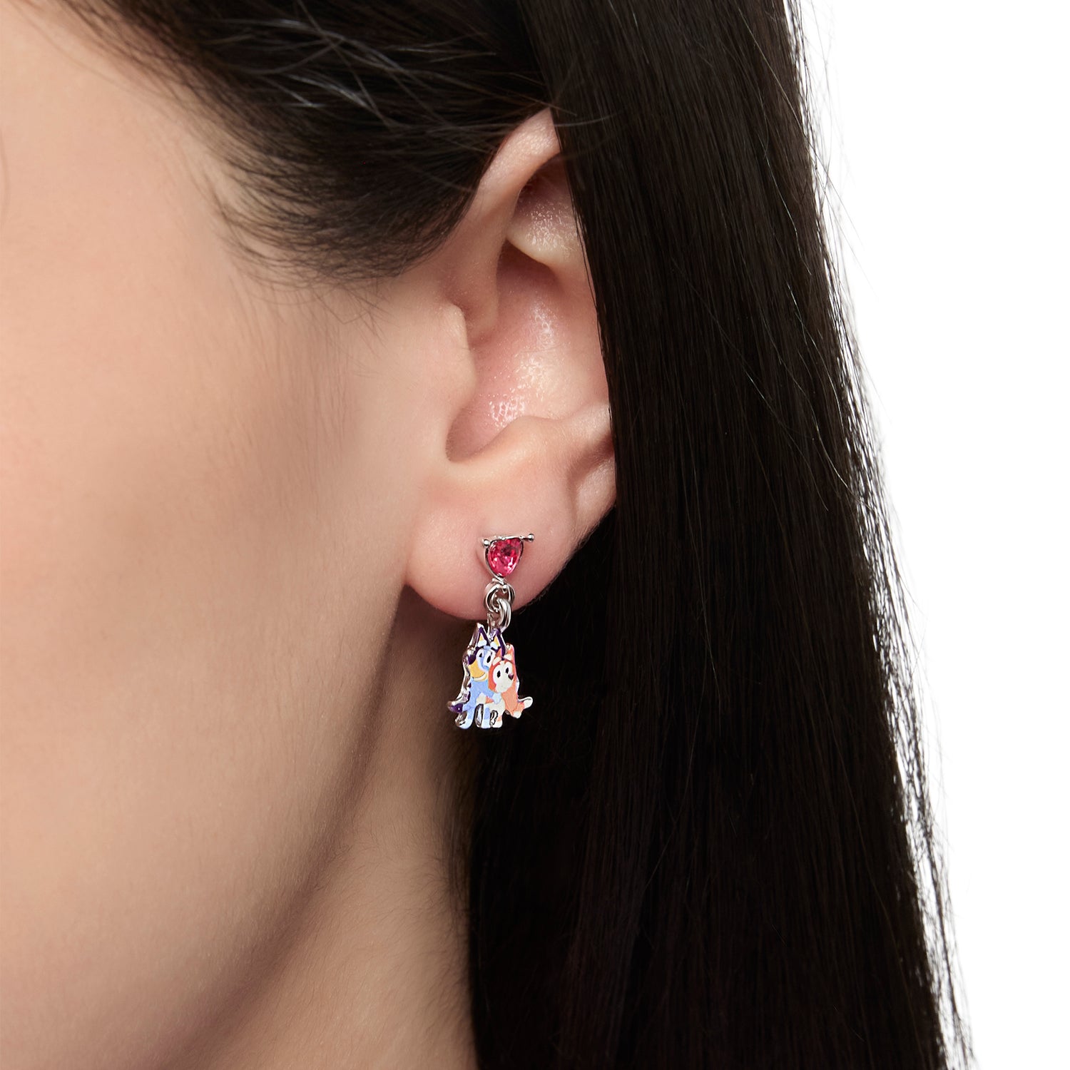 Bluey Earrings Set 6 Pairs Official License, Fashion Studs, Hoops, and Bluey and Bingo Dangle Charm Earrings with Crystals